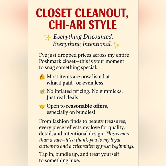 “Closet Cleanout, Chi-Ari Style 🌟 A Luxe Thank-You to My Loyal Customers.” - Picture 1 of 1
